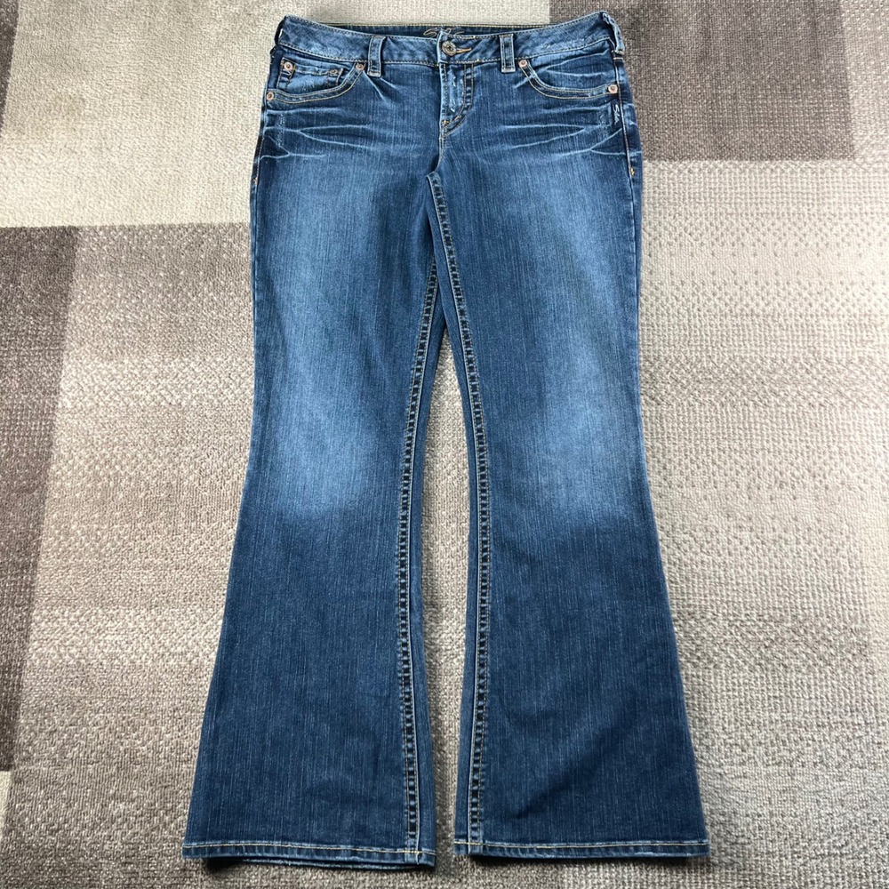 Silver Jeans Aiko Dark Wash Low Rise Flared Denim Jeans Womens 31/31 Whiskered